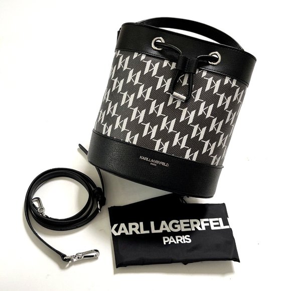 Karl Lagerfeld Paris Adele Logo Monogram Bucket Bag Black Gray Crossbody NWT - Picture 3 of 12